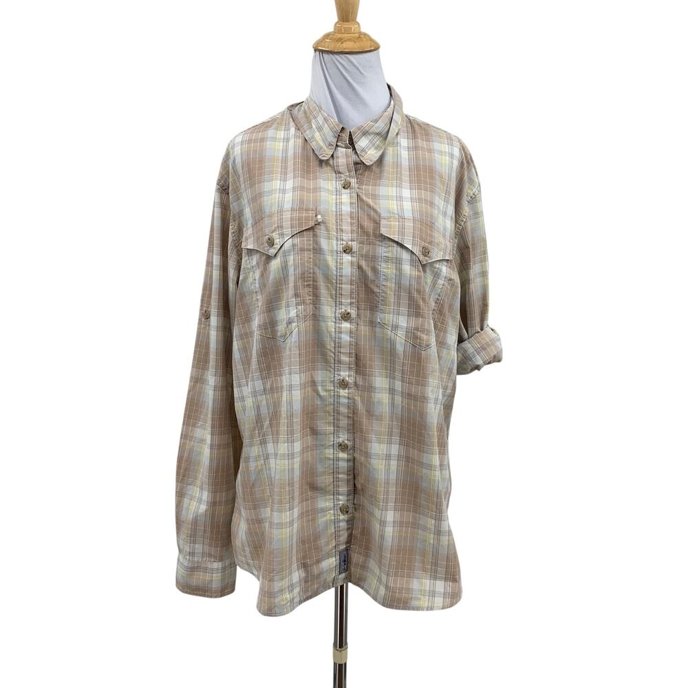 Patagonia Shirt Womens L Large Stone White Plaid Tab Sleeve Sun Stretch Pockets